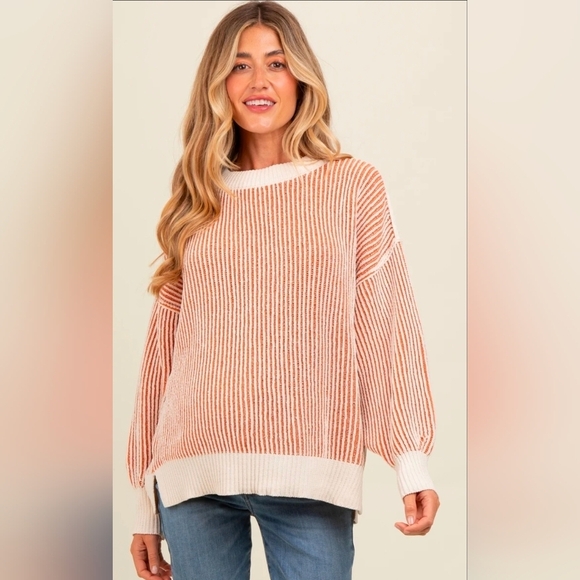 Sweaters - Sweater Women's Size Large Pullover Beige Burnt Orange Balloon Sleeve Ribbed